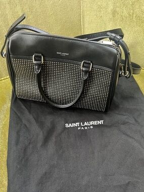 Saint Laurent Paris Baby Duffle Black Leather Studded Satchel/Xbody/Shoulder Bag